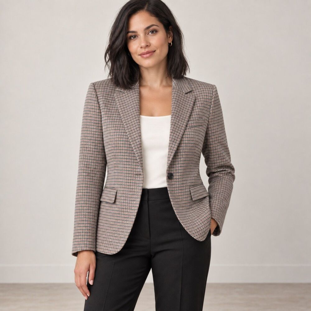Theory Staple Blazer Women’s 10 Brown Gray Houndstooth Plaid Career Eco Knit